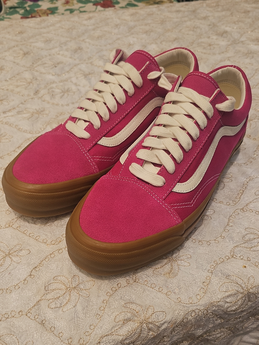Vans Pink Suede Old Skool Sneakers with Cream Stripe and Gum Sole LX RASPBERRY
